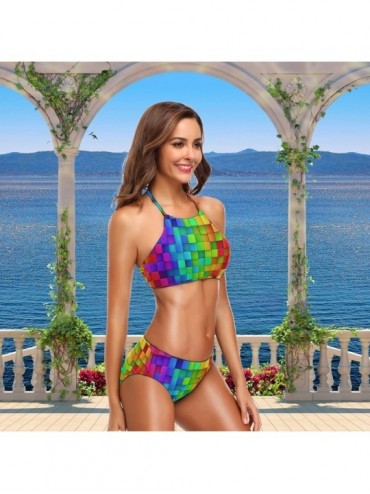 Sets Women Chic Summer Beach Hot 2 Pcs Sexy Halter High Waist Padded Push-up Swimsuit Bikini Set - Diamond - C618H53NY58 $27.26