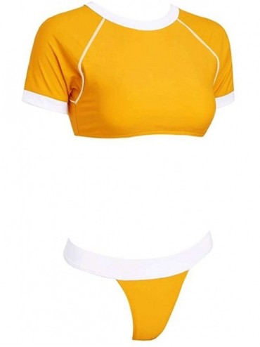 Sets Short Sleeve Crop Top Sporty Rash Guard Two Piece Bathing Suits High Cut Thong Bikini Set - Yellow - CD18T74IIQQ $17.31