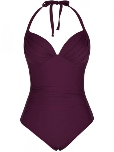 One-Pieces Women's One Piece Swimsuit Ruched Halter Bathing Suit Tummy Control Swimwear - Burgundy - CH18O6MMIWC $48.64