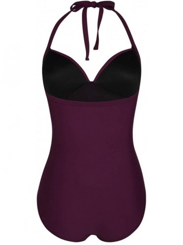 One-Pieces Women's One Piece Swimsuit Ruched Halter Bathing Suit Tummy Control Swimwear - Burgundy - CH18O6MMIWC $29.69