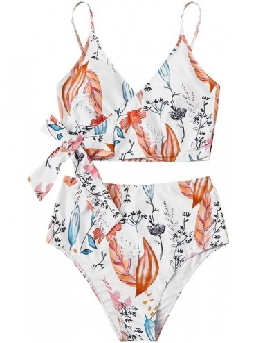 Sets Women's Two Pieces Swimsuit Solid Color Tie Side Top High Waisted Bikini Set - Floral-white - CJ199OG58DW $17.38