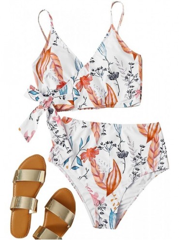 Sets Women's Two Pieces Swimsuit Solid Color Tie Side Top High Waisted Bikini Set - Floral-white - CJ199OG58DW $17.38