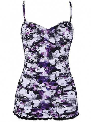 One-Pieces Women's One Piece Swimsuits Tummy Control Swimwear Ruffle Swimdress with Built in Swim Brief - Purple Floral - CU1...