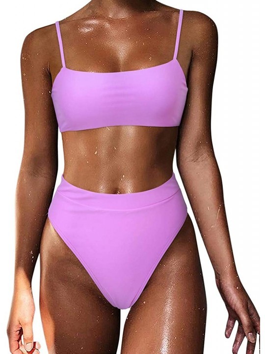 Sets Women High Wasited Bikini Shoulder Strap 2 Piece High Cut String Swimsuits - 33 Purple - CP196IUSZTU $24.70