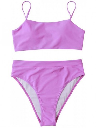 Sets Women High Wasited Bikini Shoulder Strap 2 Piece High Cut String Swimsuits - 33 Purple - CP196IUSZTU $24.70