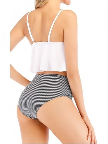 Sets Women Two Piece Flounce Swimsuit High Waisted Ruffled Bikini Set - White Top With Stripe Bottom - CA192UEYRE5 $13.45