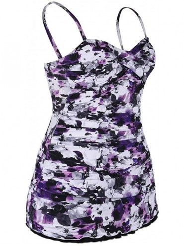 One-Pieces Women's One Piece Swimsuits Tummy Control Swimwear Ruffle Swimdress with Built in Swim Brief - Purple Floral - CU1...