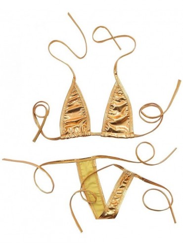 Sets Sexy Women Metallic Adjustable Tie Side Low Rise Bikini Set - Gold - CO18C4RW53Z $11.32