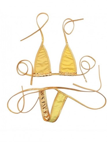 Sets Sexy Women Metallic Adjustable Tie Side Low Rise Bikini Set - Gold - CO18C4RW53Z $11.32