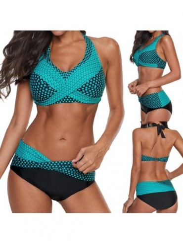 Tops Summer Women Polka Dot Print Bikini Set Halter Swimwear Twist Front 2 Piece Swimsuit Push-Up Plus Size Bathing Suit - Gr...