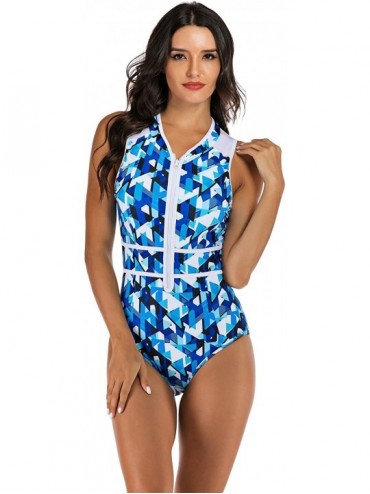 Rash Guards Women's Zip up Printed One Piece Swimsuit Half Sleeve Rash Guard Swimwear UV Protection Surfing Bathing Suits - G...