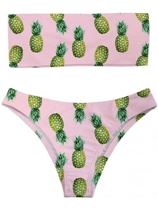 Sets Padding Bandeau Top Swimsuit 2piece Bikini Tankini High Cut Panties Floral Leopard Designs Plus Size Pineapple pink - C1...