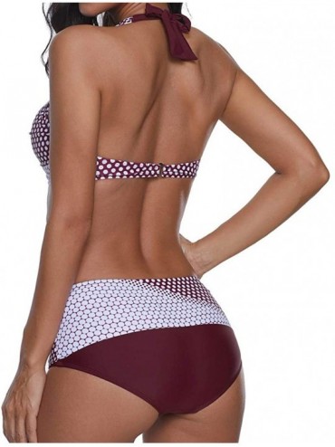 Sets Womens Summer Swimsuit Cross Halter Bandage Low Rise Bathing Suit Boho Hawaii Style 2PCS Bikini Set Swimwear 2 Wine - C7...