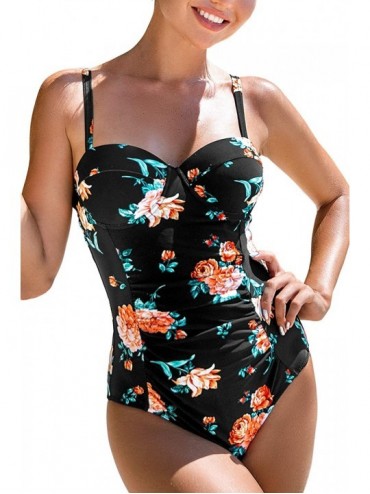 One-Pieces Women's Black Floral Moulded Adjustable Straps One Piece Swimsuit - C5190TA55EH $63.14