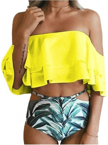 Sets Womens Off Shoulder Ruffled Flounce 2 Piece Bikini Swimsuit High Waisted Print Cut Out Bathing Suit - Yellow - CQ18NREU4...