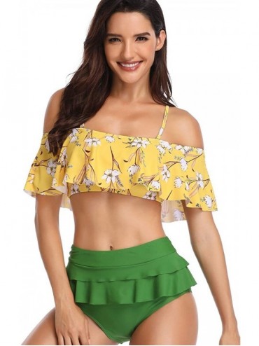 Sets Women Two Piece Swimsuit Floral Ruffled Bathing Suit Tummy Control High Waist Bikini Set - Yellow - CT18QOWX6CI $22.82