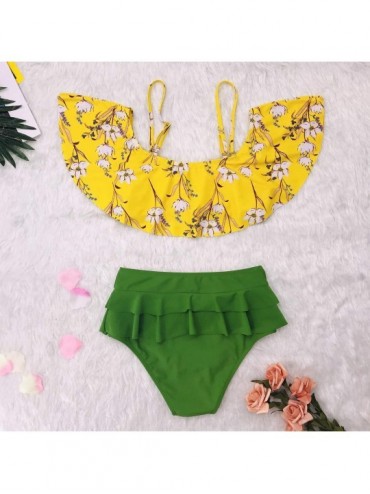 Sets Women Two Piece Swimsuit Floral Ruffled Bathing Suit Tummy Control High Waist Bikini Set - Yellow - CT18QOWX6CI $22.82