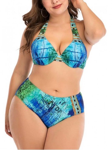 One-Pieces Women's Plus Size Chic Two Pieces/One Piece Swimsuit Cute Modest Bathing Suit - Blue Graffiti - CJ19468XWC0 $27.64