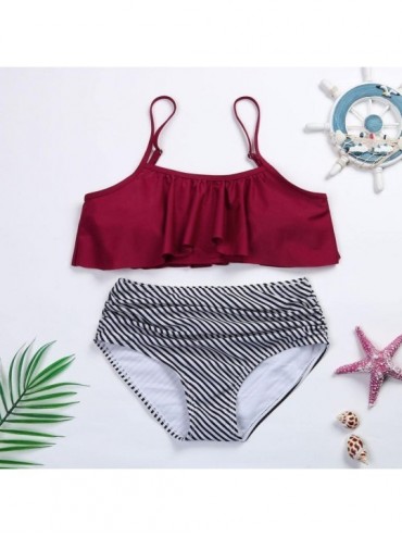 Sets Teen Girls High Waist Swimsuit Summer Two Piece Bathing Suit Skinny Bikini Sets - Striped Red - CW18CW030Y7 $12.91