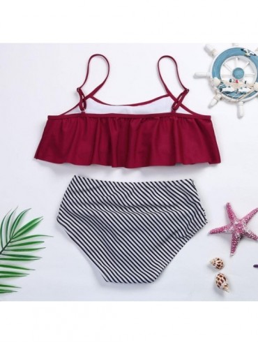 Sets Teen Girls High Waist Swimsuit Summer Two Piece Bathing Suit Skinny Bikini Sets - Striped Red - CW18CW030Y7 $12.91