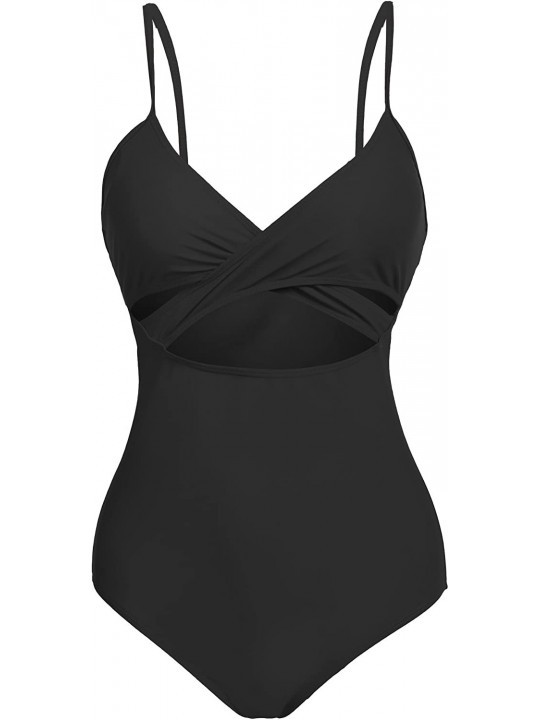 One-Pieces Womens Vintage One Piece Swimsuit Wrap Front Padded Bathing Suit Sexy Monokinis - Black - CE18CCUIRUM $19.13