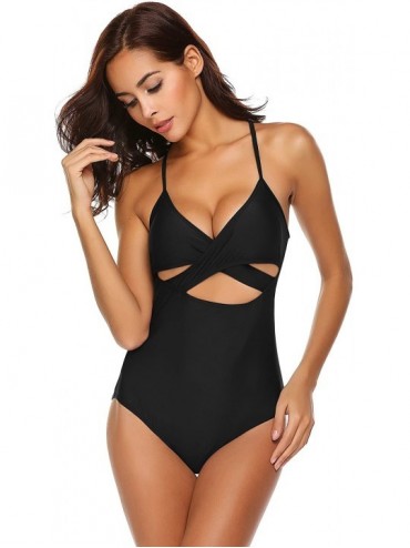 One-Pieces Womens Vintage One Piece Swimsuit Wrap Front Padded Bathing Suit Sexy Monokinis - Black - CE18CCUIRUM $19.13