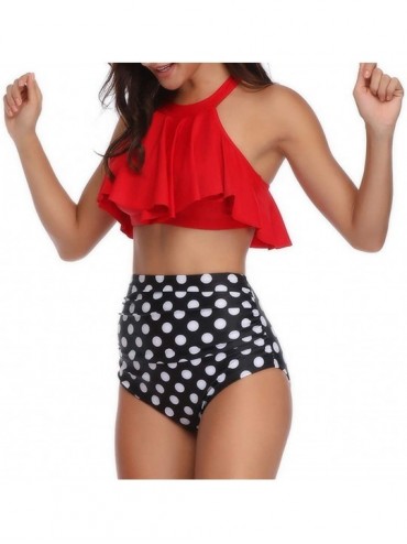 Sets Women Kids Retro Flounce High Waisted Bikini Halter Neck Two Piece Swimsuit - Red-adult-l - CP18QCH4738 $40.32