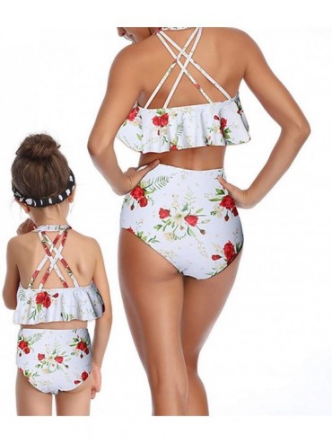 Sets Women Kids Retro Flounce High Waisted Bikini Halter Neck Two Piece Swimsuit - Red-adult-l - CP18QCH4738 $16.98