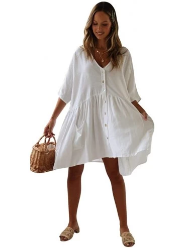 Cover-Ups Women Casual V Neck 3/4 Sleeve Blouse Long Tunic Top Beach Cover Up - White Pocket - C618RCYX6N8 $19.50