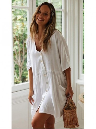 Cover-Ups Women Casual V Neck 3/4 Sleeve Blouse Long Tunic Top Beach Cover Up - White Pocket - C618RCYX6N8 $9.36