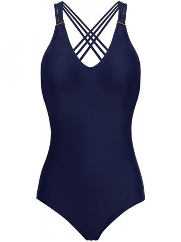 One-Pieces Women One Piece Swimsuit V-Neckline Mesh Ruched Monokini Swimwear S-XL - Navy Blue - CR17X0MRMLX $32.10