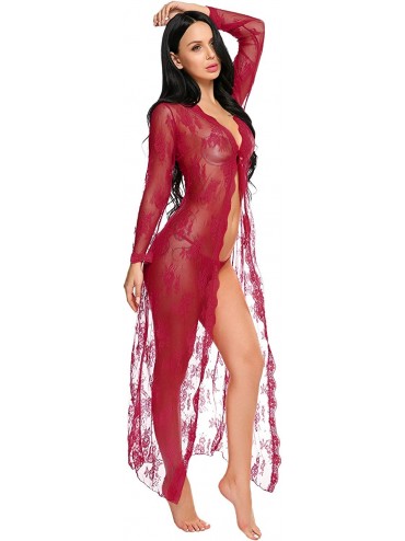 Cover-Ups Lingerie for Women Sexy Long Lace Dress Sheer Gown See Through Kimono Robe - Dark Red - CY18RYSGSTC $33.41
