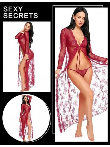 Cover-Ups Lingerie for Women Sexy Long Lace Dress Sheer Gown See Through Kimono Robe - Dark Red - CY18RYSGSTC $15.39