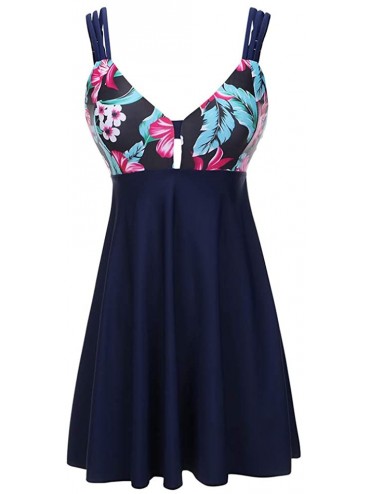 One-Pieces Women's Plus Size Floral Halter Swimsuit Two Piece Pin up Tankini Swimwear - Blue1 - CW19C6T2MII $54.52