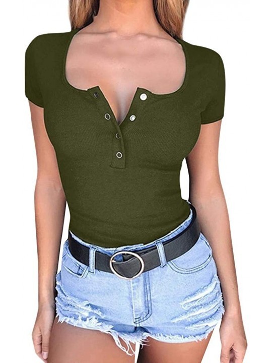 Board Shorts Fashion Womens Sexy Solid Tank Top Short Sleeve Button Blouse T-Shirt - Green - CP18SY24Q95 $9.20