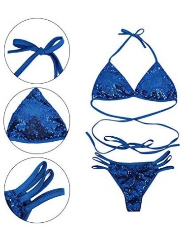 Sets Women Floral Triangle Bikini Set Sexy 2 Piece Tie-Side Bottom String Halter Swimsuit Beachwear - Blue - CE18R3QK0CT $19.60