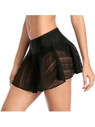 Bottoms Womens High Waisted Drawstring Swim Skirts Ruched Tummy Control Swimsuit Bottoms - Black Mesh - CC18ZKGTXAK $33.87