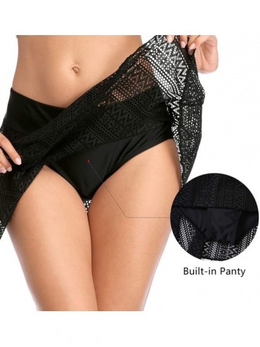 Bottoms Womens High Waisted Drawstring Swim Skirts Ruched Tummy Control Swimsuit Bottoms - Black Mesh - CC18ZKGTXAK $14.65