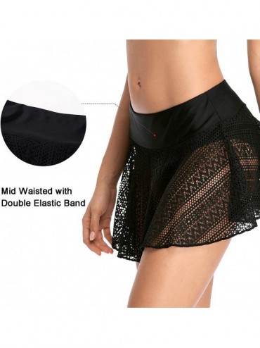 Bottoms Womens High Waisted Drawstring Swim Skirts Ruched Tummy Control Swimsuit Bottoms - Black Mesh - CC18ZKGTXAK $14.65