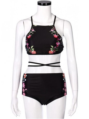 Sets Women High Neck Push Up Padded 2 Pieces Swimsuit Floral Print High Waist Bikini Bathing Suit - Black - CN18C3USE5Z $13.89