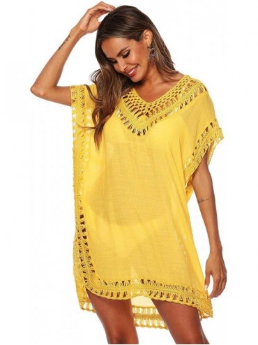 Cover-Ups Women's Crochet Net Cover-ups Sexy Beachwear Summer Swimsuit Bikini Bathing Suit Cover up Dress - Yellow - C0195A5L...