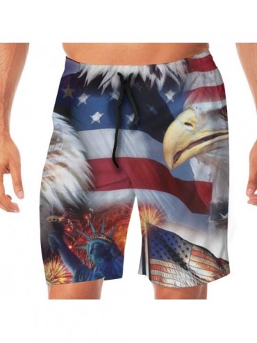 Board Shorts Mens Big & Tall Swim Trunks Board Shorts Basic Swimwear with Pockets - Statue of Liberty America Flag Eagle - CL...
