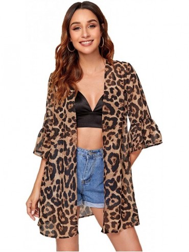 Cover-Ups Women's Striped Beach Wear Cover up Longline Kimono Cardigan - Leopard-4 - CH18WY84T05 $31.33