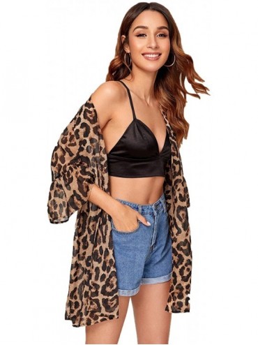 Cover-Ups Women's Striped Beach Wear Cover up Longline Kimono Cardigan - Leopard-4 - CH18WY84T05 $15.67