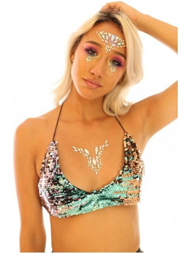 Tops Dance Squad Reversible Sequin Bra Top with Tie Strap for Rave- Club- Beach & Swimwear - Green Unicorn - CF18NHE6N9X $17.02