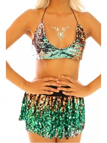 Tops Dance Squad Reversible Sequin Bra Top with Tie Strap for Rave- Club- Beach & Swimwear - Green Unicorn - CF18NHE6N9X $17.02