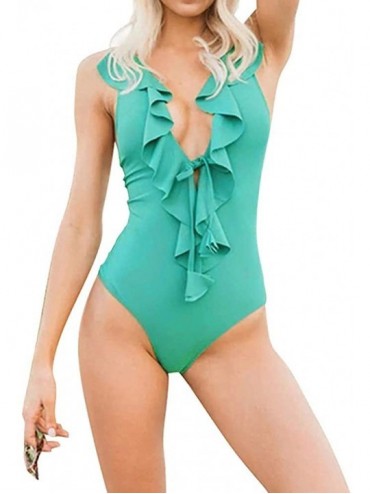 One-Pieces Women's Ruffle One Piece Swimsuit Deep V Neck Swimwear Sleeveless Backless Monokinis Bathing Suit - Army Green - C...