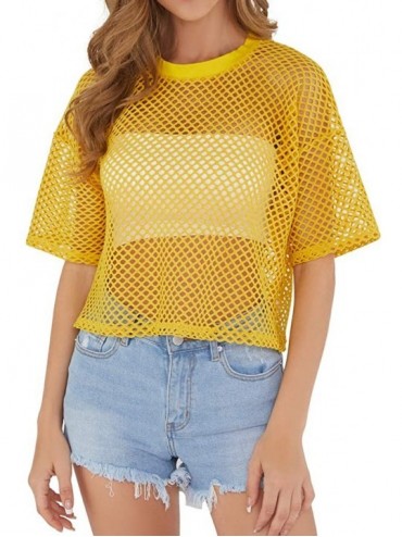 Cover-Ups Women's Mesh Cover Up See Through Fishnet T-Shirt Crop Top - Yellow - CF18YYRQTQ4 $25.09