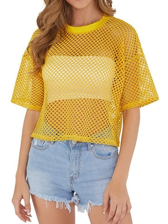 Cover-Ups Women's Mesh Cover Up See Through Fishnet T-Shirt Crop Top - Yellow - CF18YYRQTQ4 $16.95
