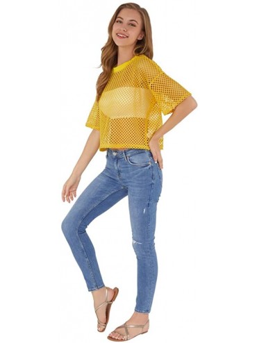 Cover-Ups Women's Mesh Cover Up See Through Fishnet T-Shirt Crop Top - Yellow - CF18YYRQTQ4 $16.95